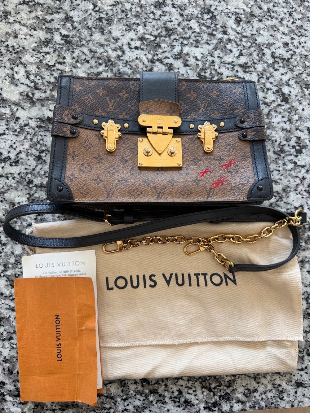 Louis Vuitton Trunk Clutch Monogram Petite Malle with Black Trim & Gold Hardware